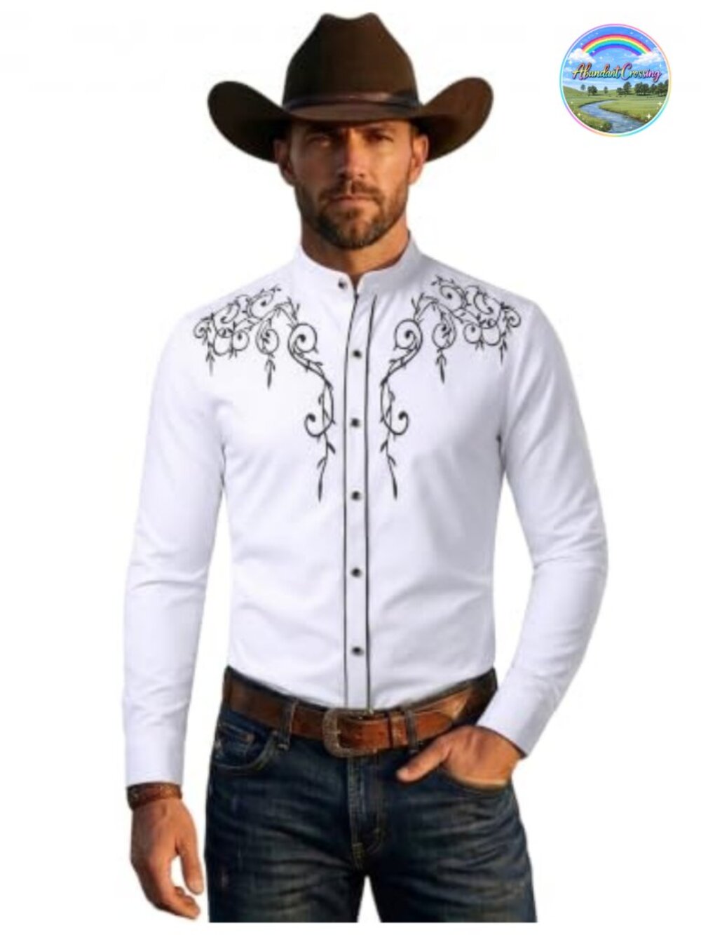 Men's Western Embroidered Banded Collar Slim Fit Button Down Dress Shirt